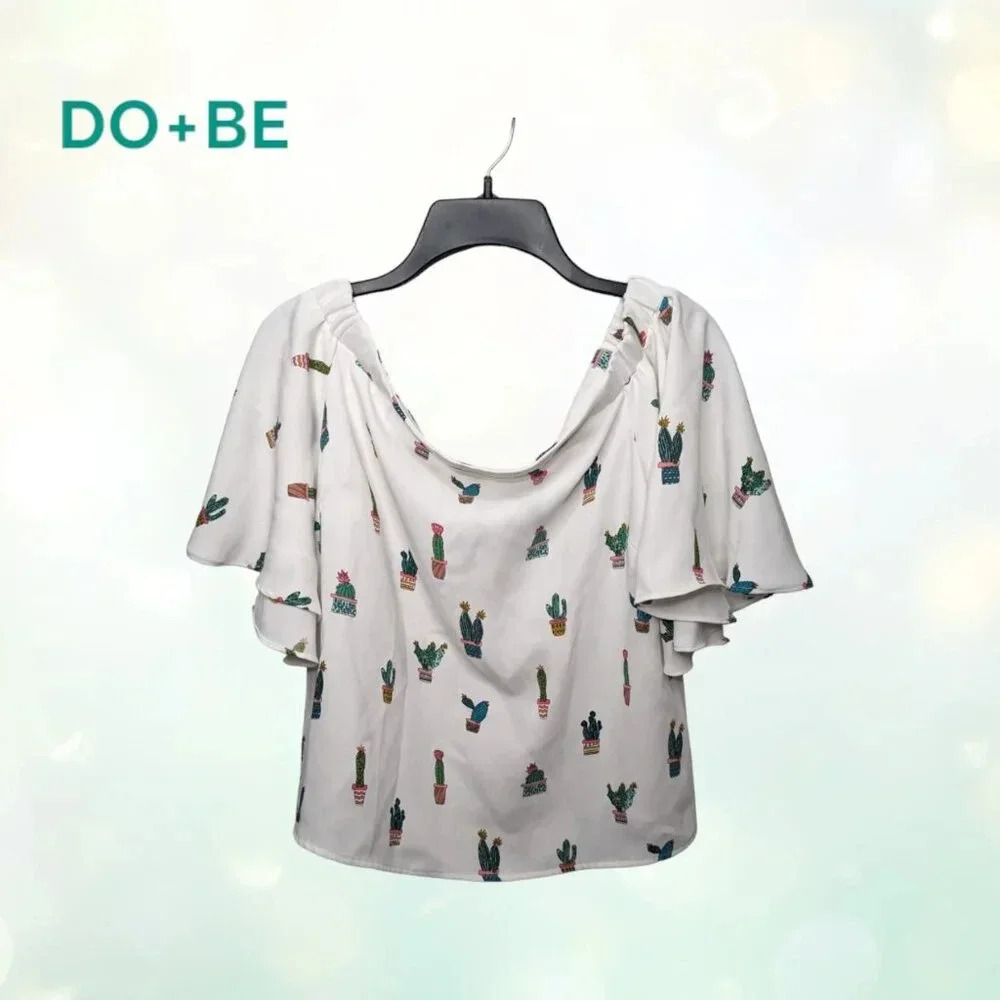 DO+BE Womens Novelty Off the Shoulder Flowy Casual Sleeve Cactus Top White Sz M